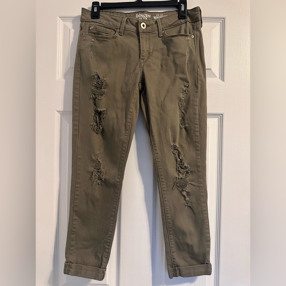 Denizen By Levi's Olive Ankle Distressed Boyfriend Low-Rise Jeans